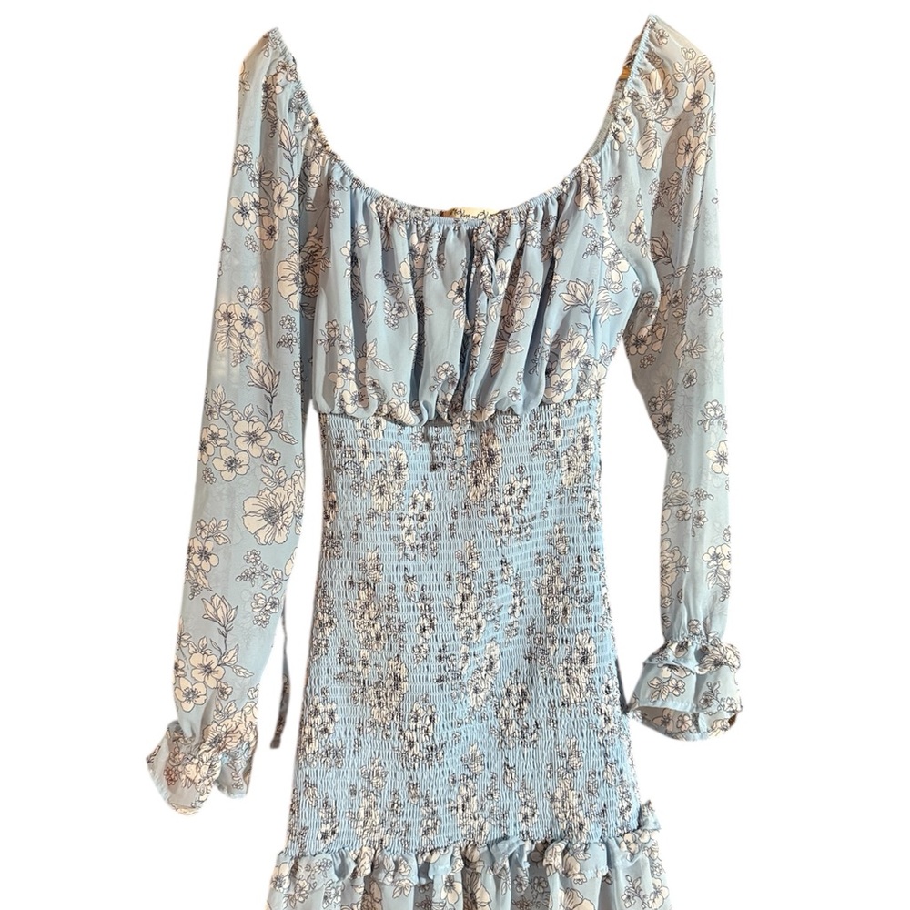 Blue Ruched Midi Sundress with Bishop Sleeves